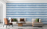 Neutral Coastal Watercolor Stripes wallpaper mural enhancing living room decor.