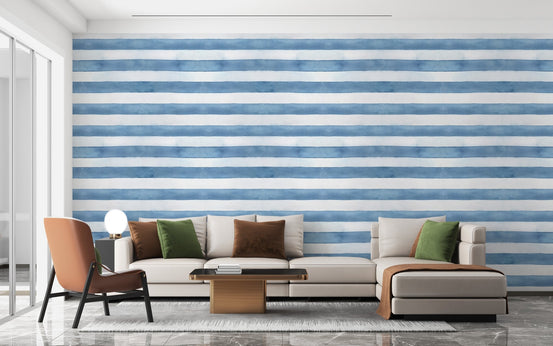 Neutral Coastal Watercolor Stripes wallpaper mural enhancing living room decor.
