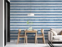 Light and airy wallpaper design with watercolor stripes in a dining area.