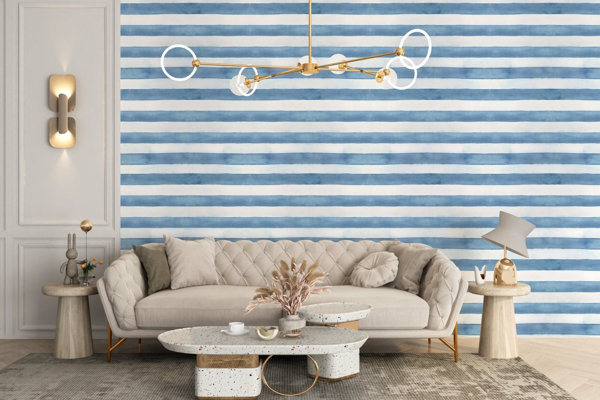 Elegant coastal-themed wallpaper mural with pastel watercolor stripes.