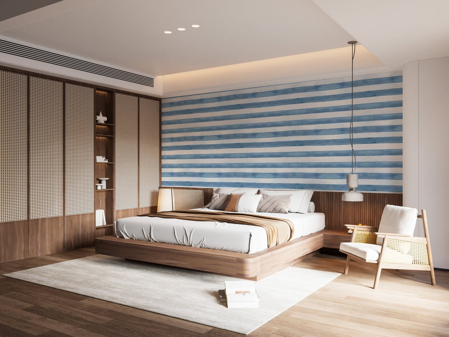 Vibrant blue and white Coastal Watercolor Stripes wallpaper mural for bedrooms.