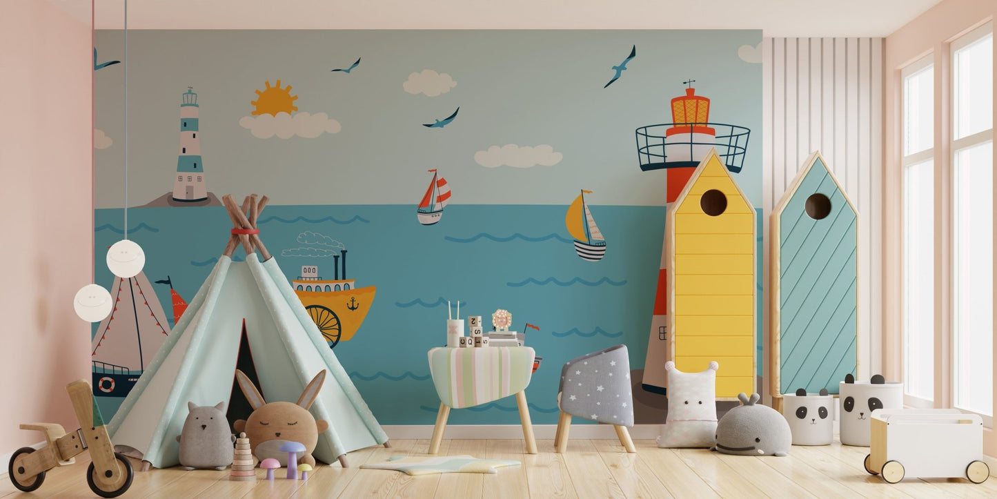 Kids' mural with a charming coastline and vibrant ocean views in playroom area.
