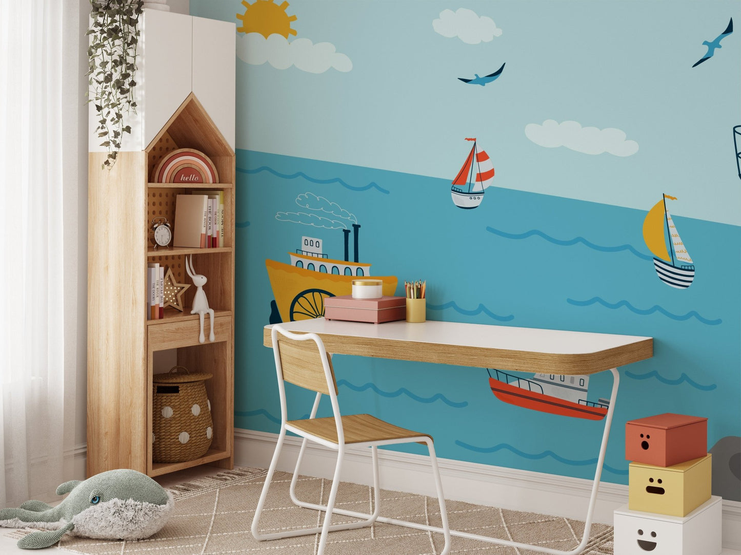 Coastline wonder mural with soft waves and sandy shores in kids study area.

