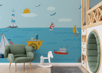 Playful coastal wall mural perfect for nursery interior.
