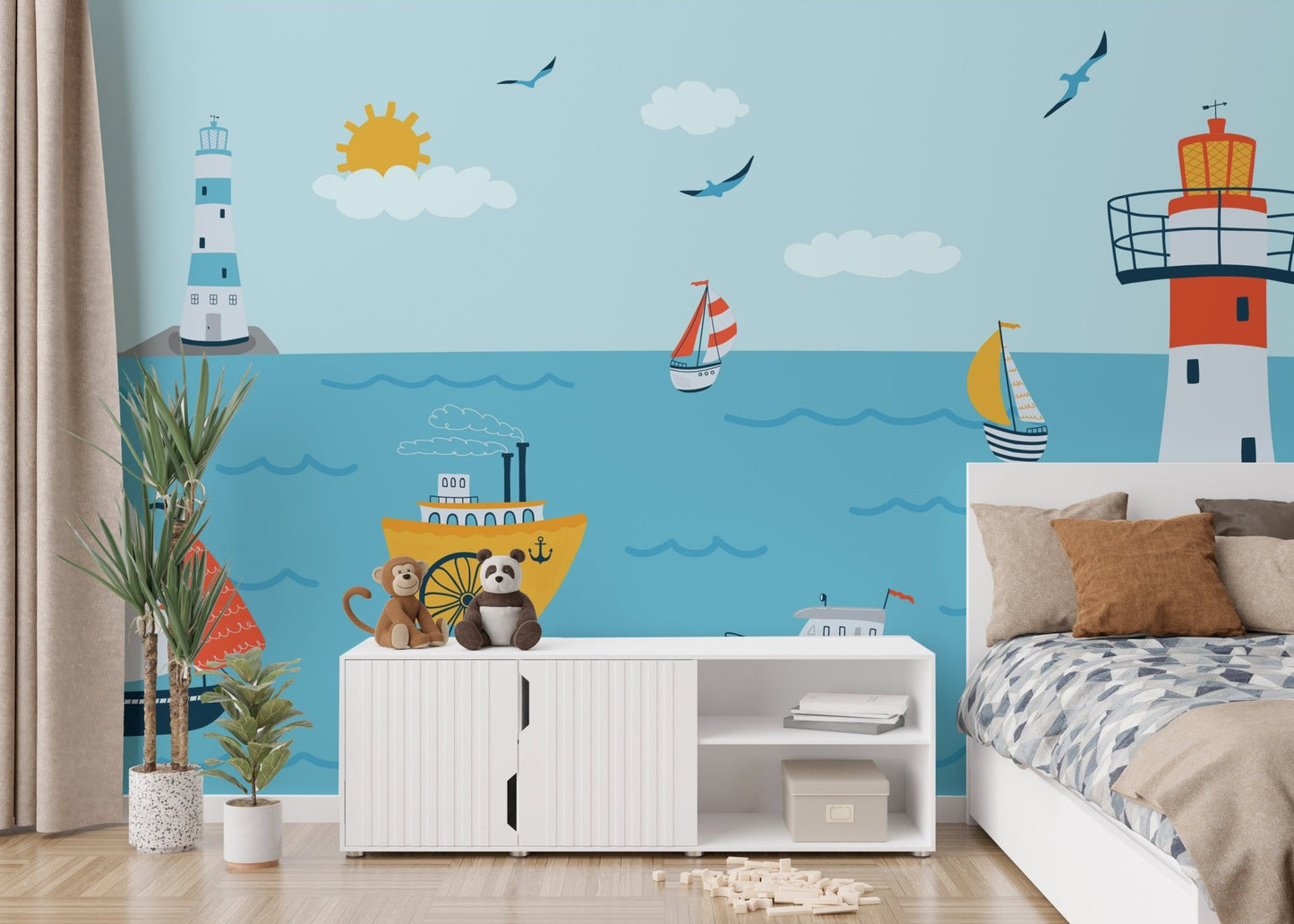 Beach-themed coastline mural for imaginative kids bedroom spaces.
