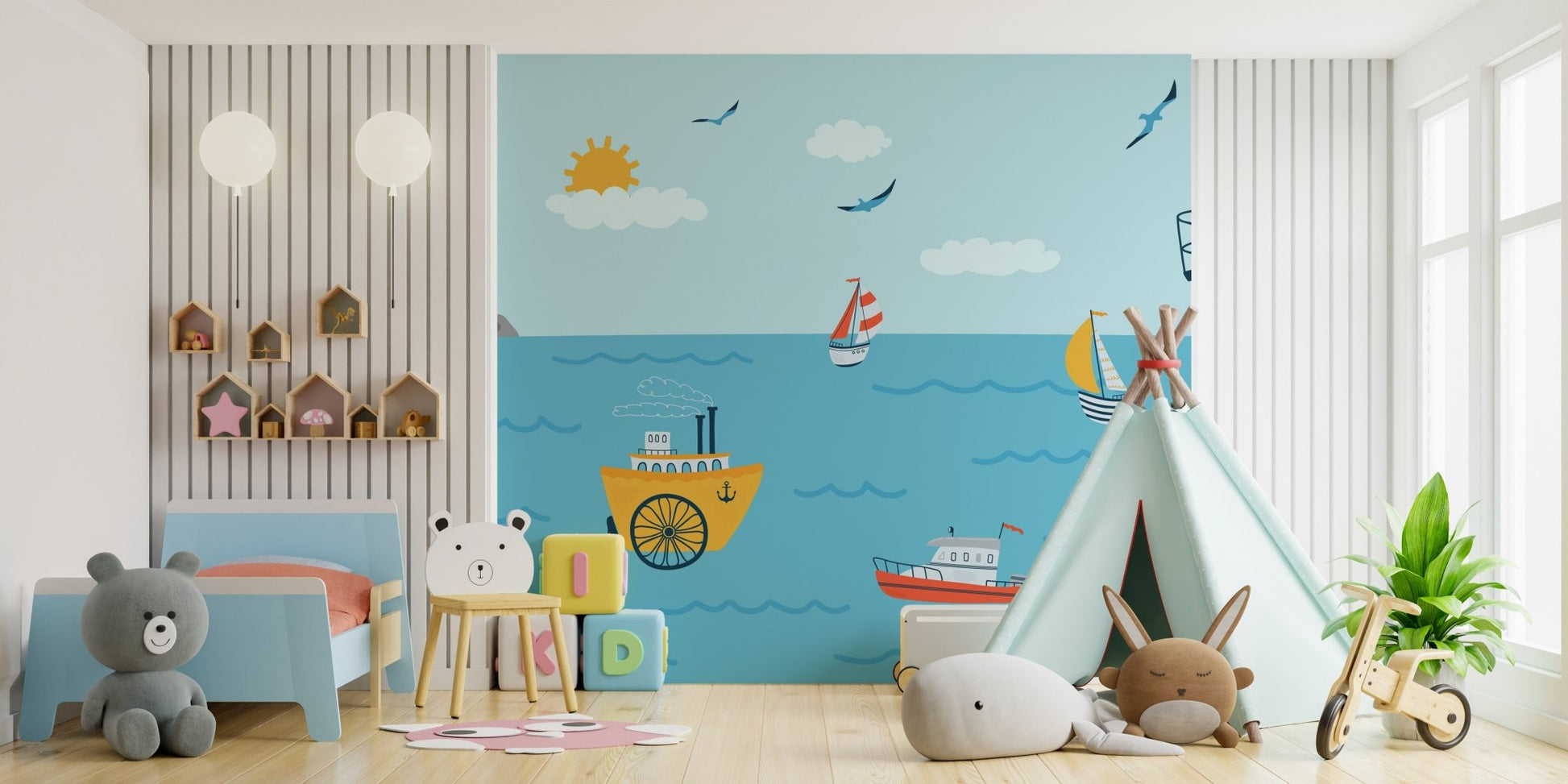 Coastline wonder wall mural featuring playful beach scenes in kids bedroom.
