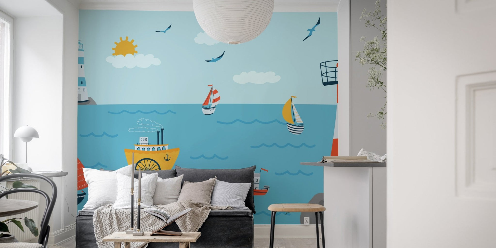 Charming coastline mural adding seaside vibes to living room walls.
