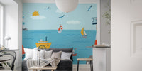 Charming coastline mural adding seaside vibes to living room walls.
