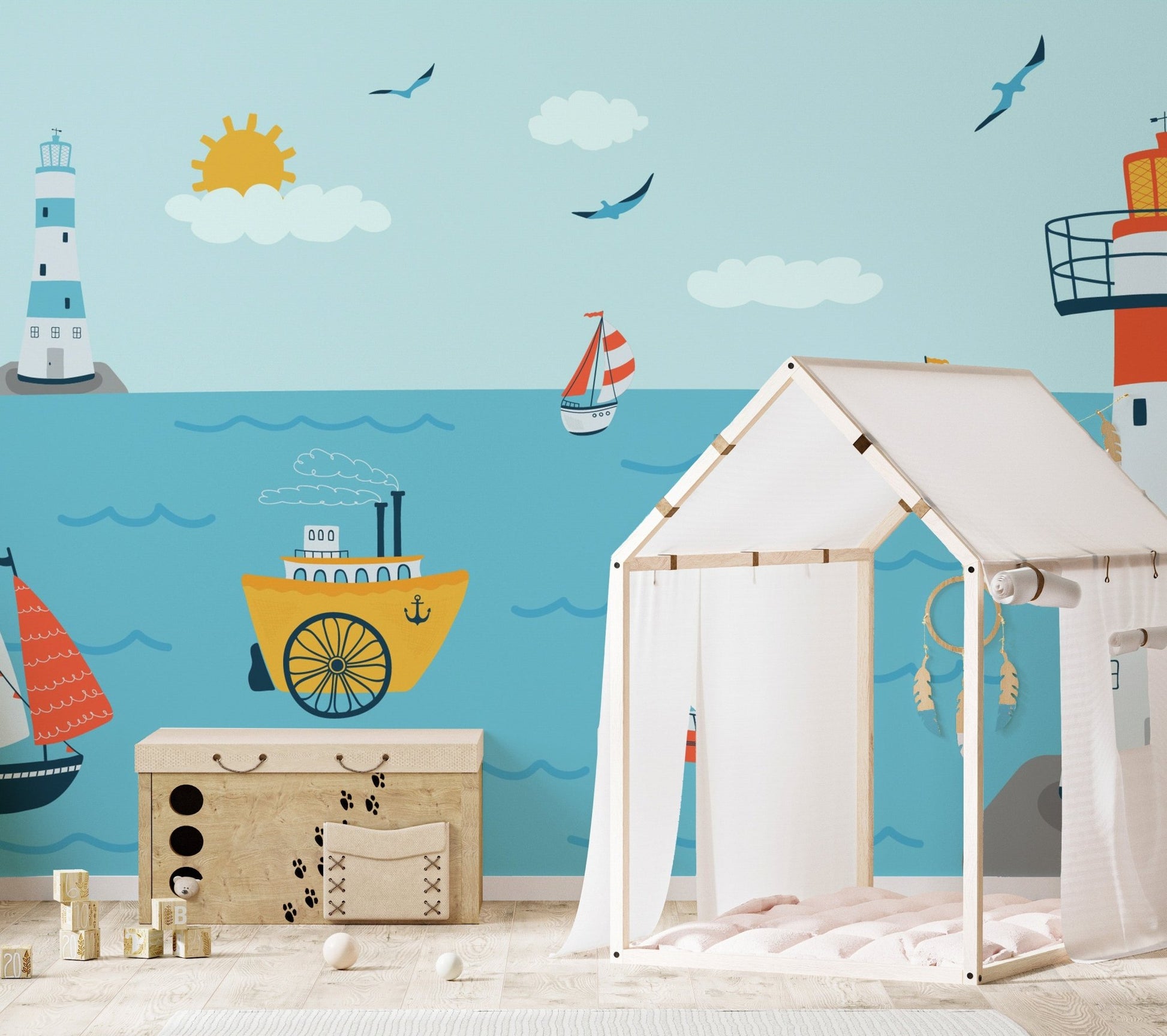 Coastline wonder mural creating a tranquil seaside ambiance in nursery
