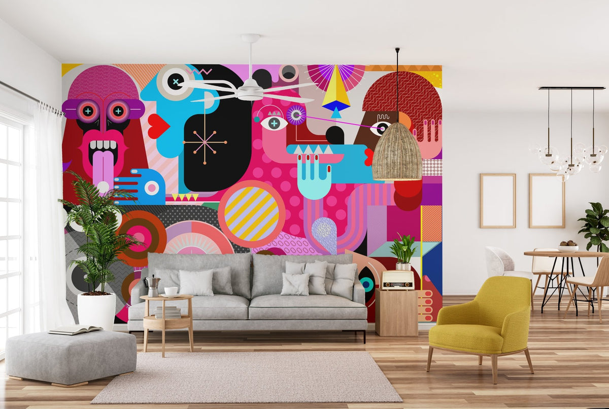 Large scale abstract face wall mural in a spacious cream-toned living area.