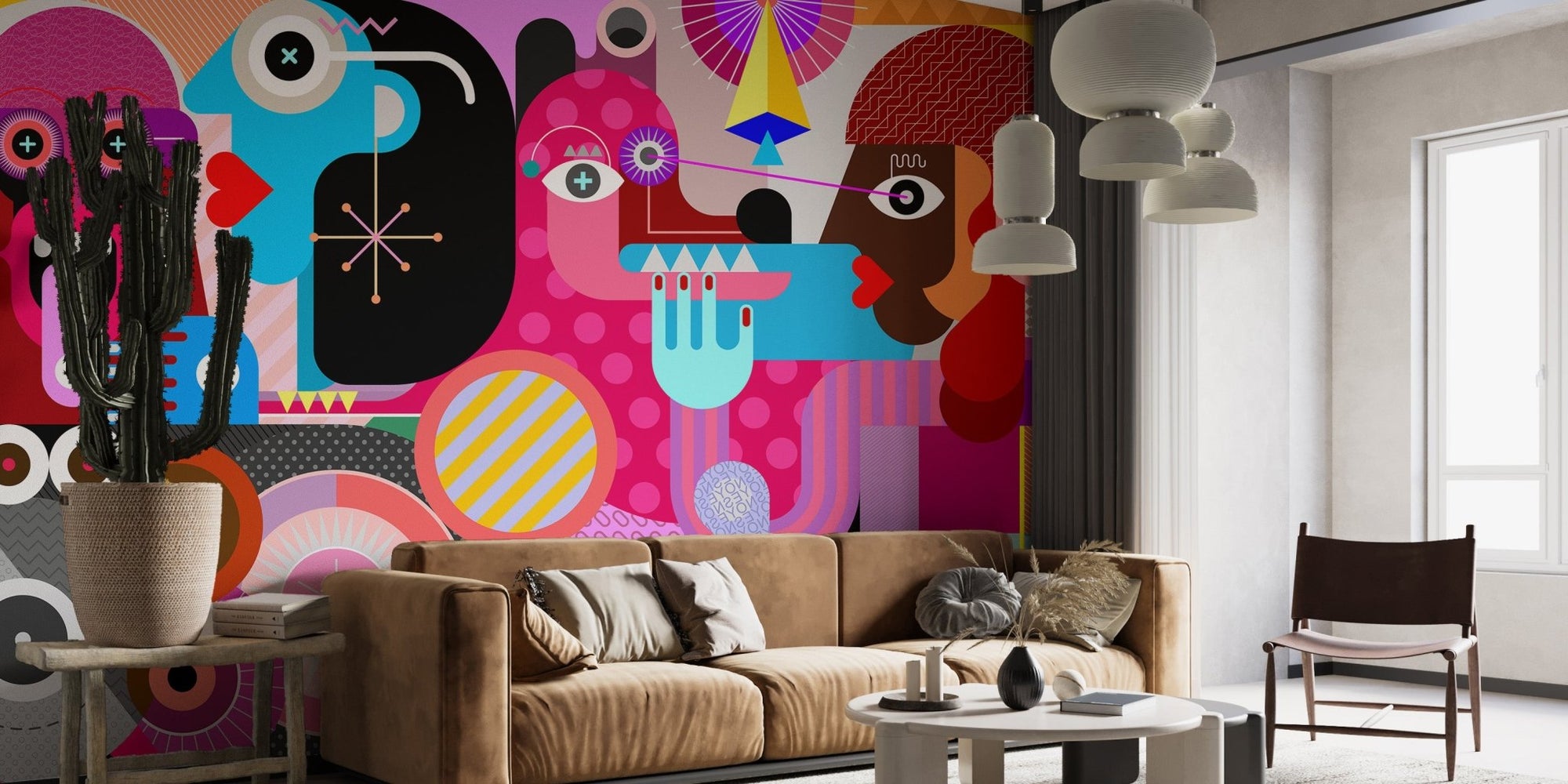 Collective Abstract Vision wall mural in a modern living room with a tan sofa.