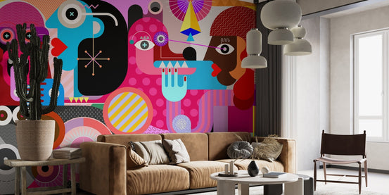Collective Abstract Vision wall mural in a modern living room with a tan sofa.