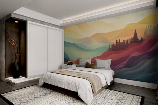 Scenic abstract wall mural with curved lines representing a mountain range at dawn.