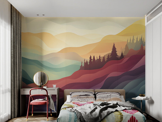 Colorful abstract mountain wall mural with wavy layered hills and pine trees.