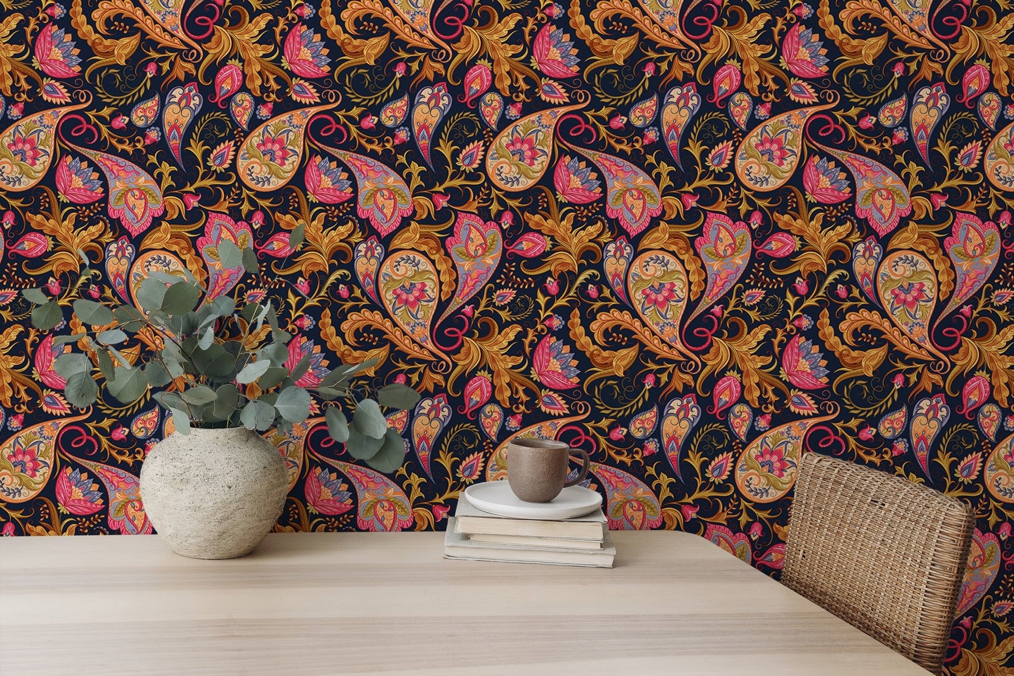 Colorful Abstract Repeat Pattern Paisley Wallpaper on a dining room wall.