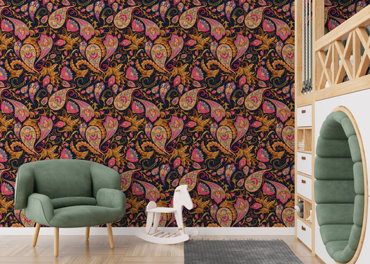 Paisley wallpaper in a kids' playroom with a green chair and rocking horse.