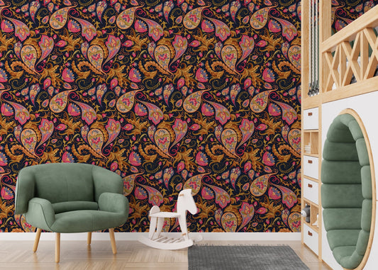 Paisley wallpaper in a kids' playroom with a green chair and rocking horse.