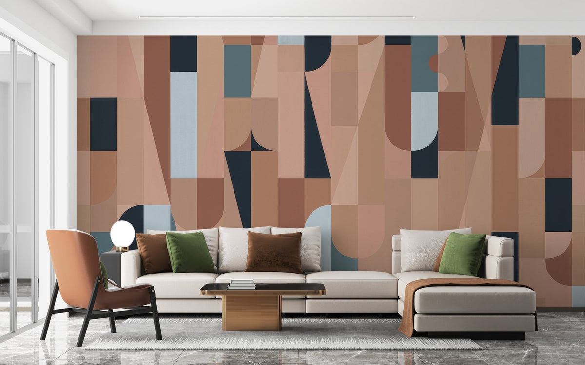 Minimalist shapes wall mural in blush and deep navy.