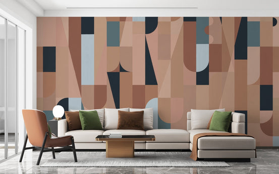 Minimalist shapes wall mural in blush and deep navy.