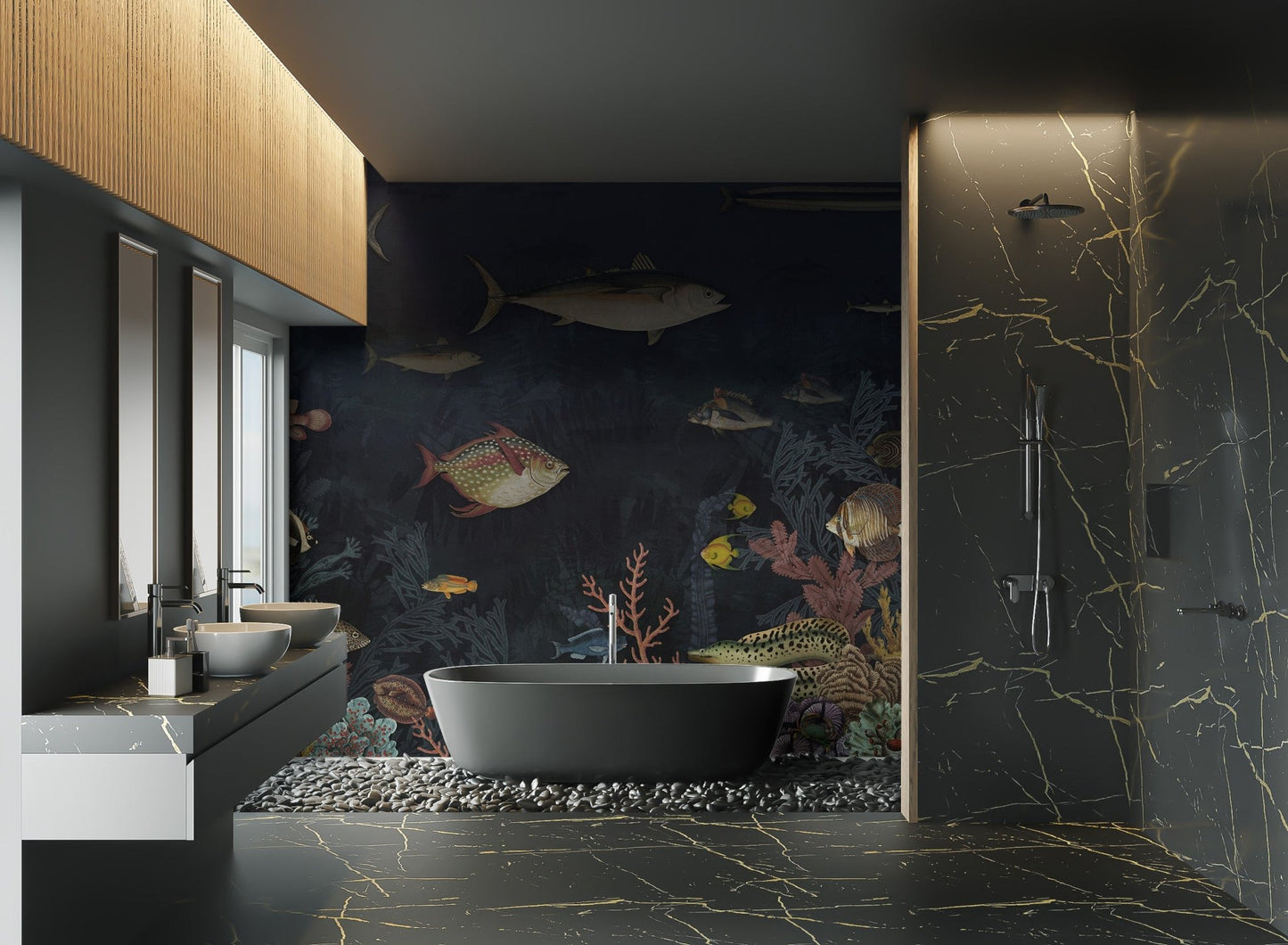 Dark ocean theme wall mural with corals and aquatic plants for washroom.