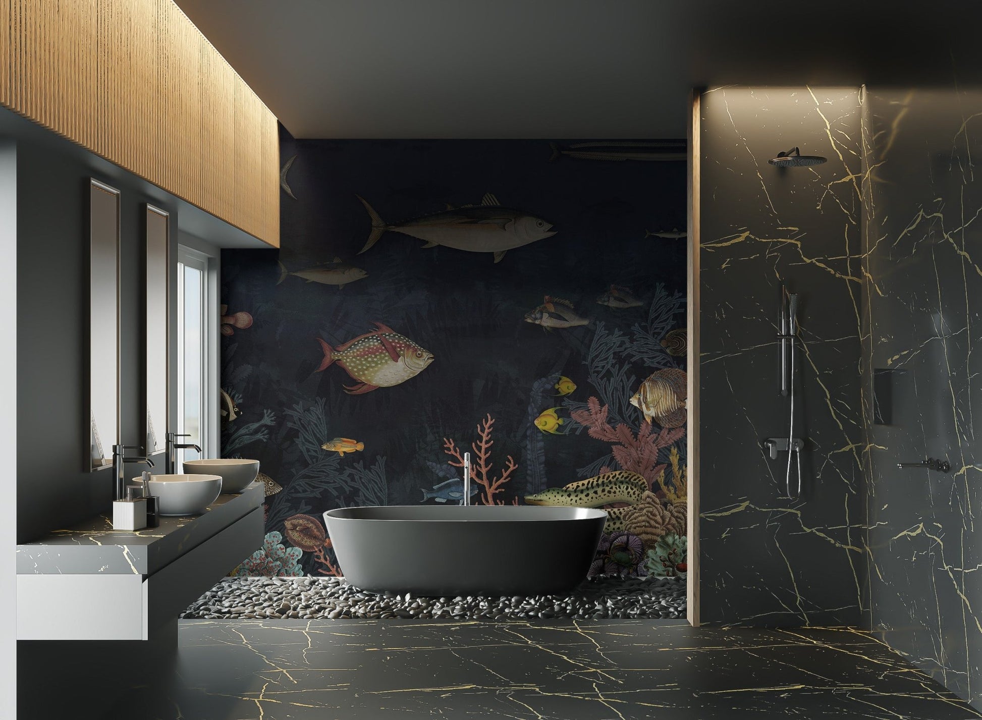 Dark ocean theme wall mural with corals and aquatic plants for washroom.