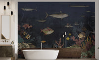 Vibrant ocean mural with fish and coral design in modern bathroom.