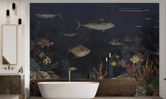 Vibrant ocean mural with fish and coral design in modern bathroom.