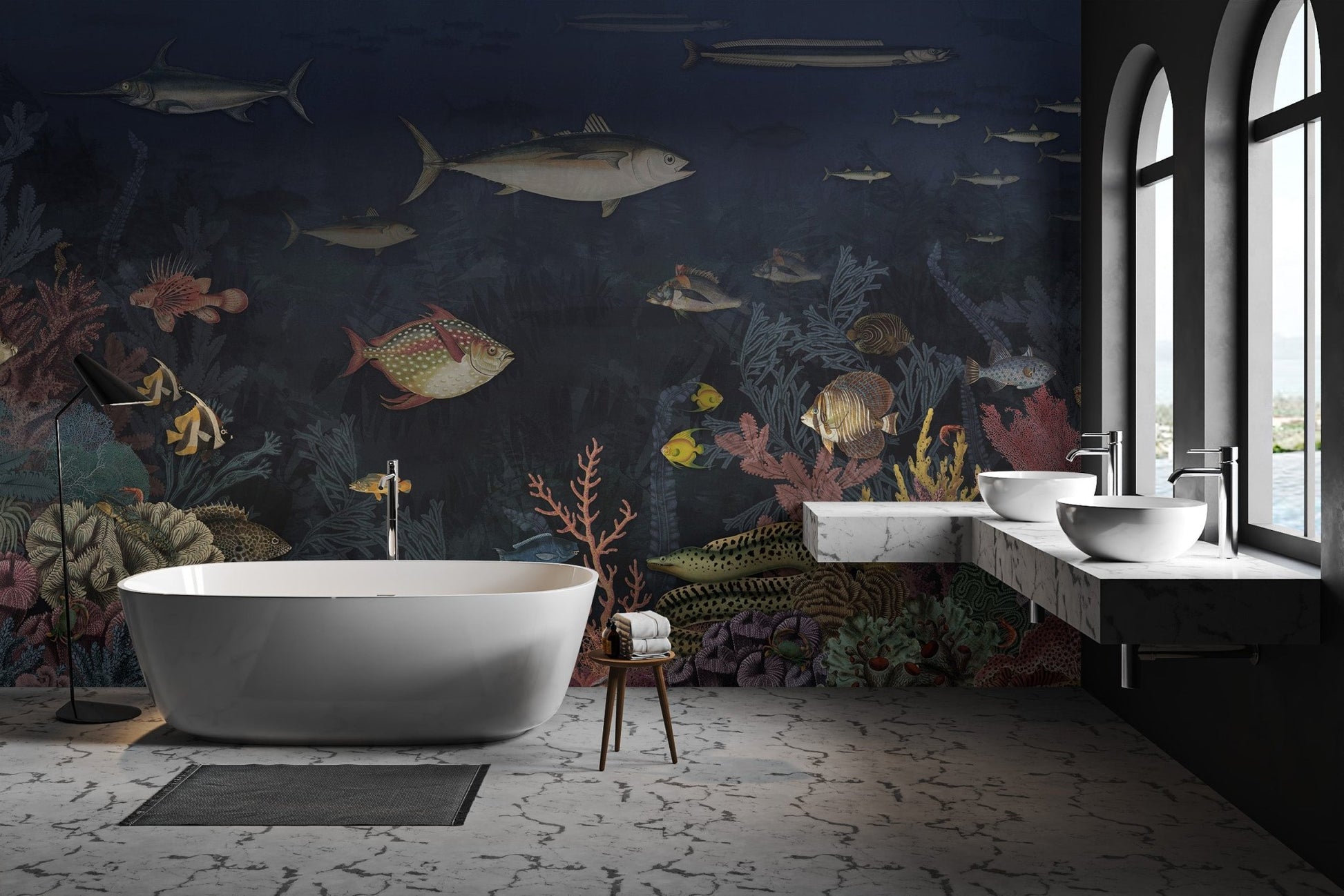 Aquatic plants and coral design ocean mural in a bathroom.