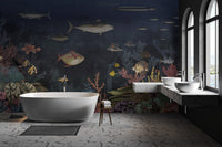 Aquatic plants and coral design ocean mural in a bathroom.