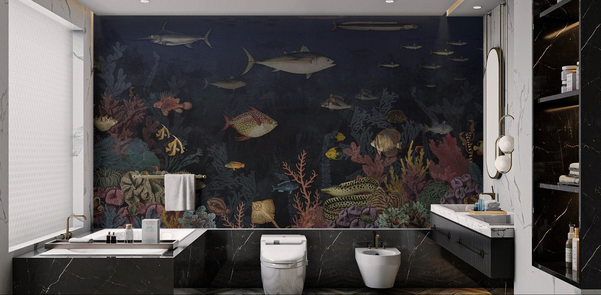 Blue underwater style wall mural with fish and colorful corals in a bathroom.