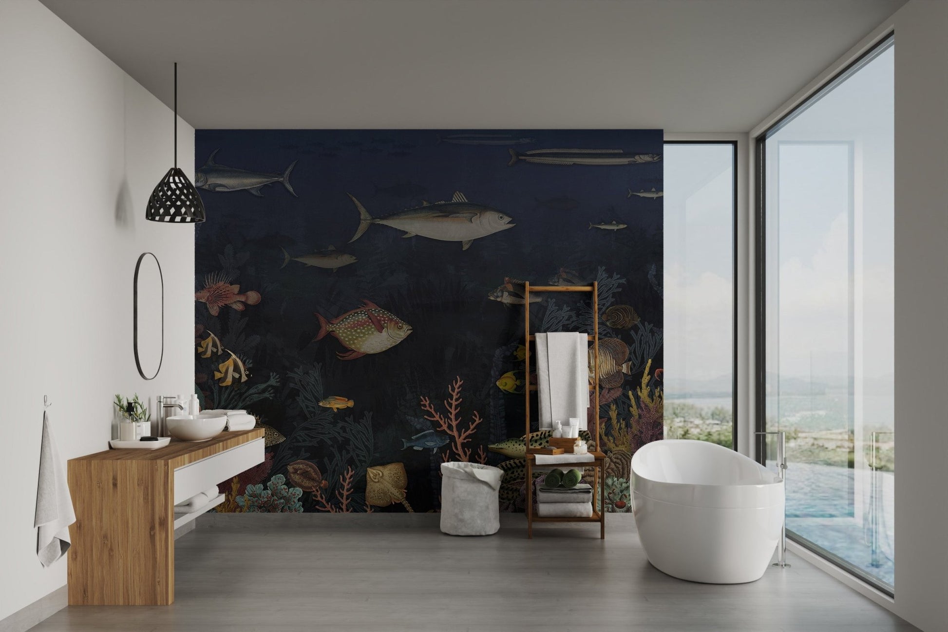 Underwater corals and fish pattern wall mural in bright bathroom.