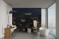 Underwater corals and fish pattern wall mural in bright bathroom.