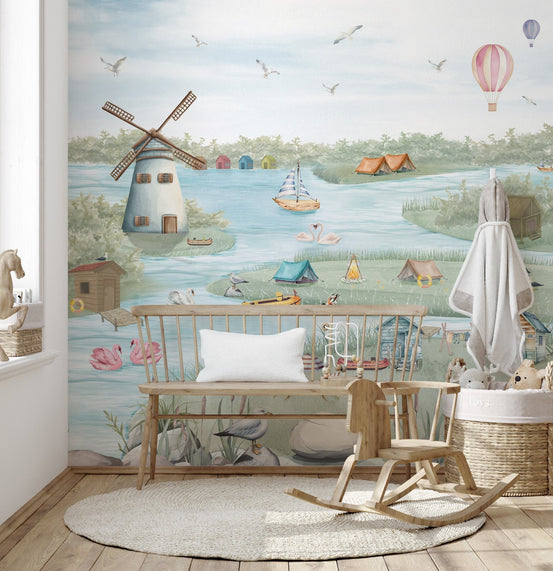 Watercolor boathouse wallpaper with flamingos and floating docks.