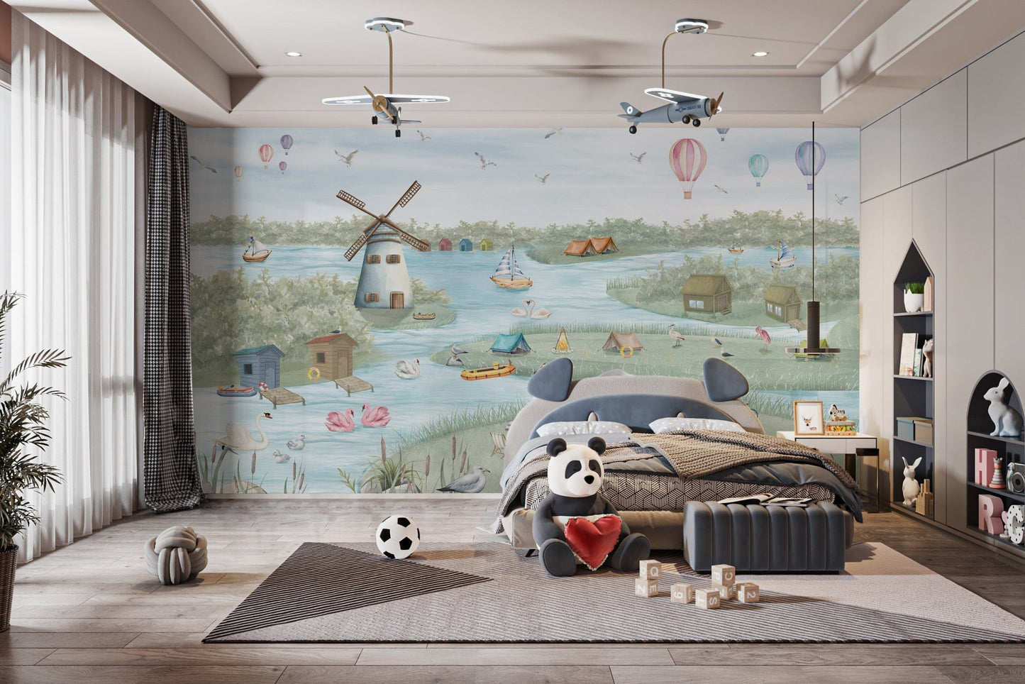 Children’s lakeside adventure wallpaper mural with seal and swans.