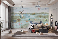 Children’s lakeside adventure wallpaper mural with seal and swans.