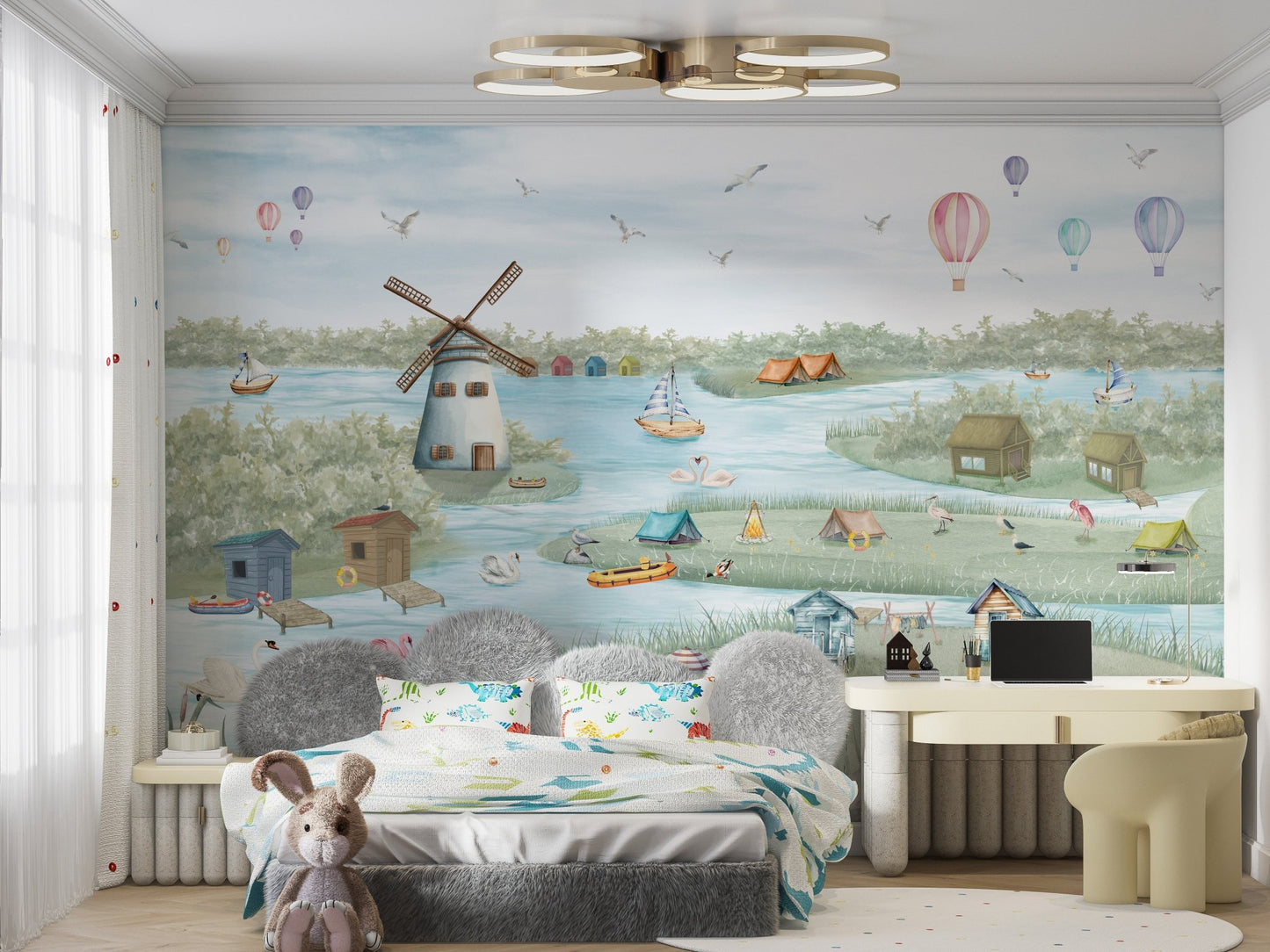 Colorful boathouse lakeside wall mural with pastel boats and windmill.