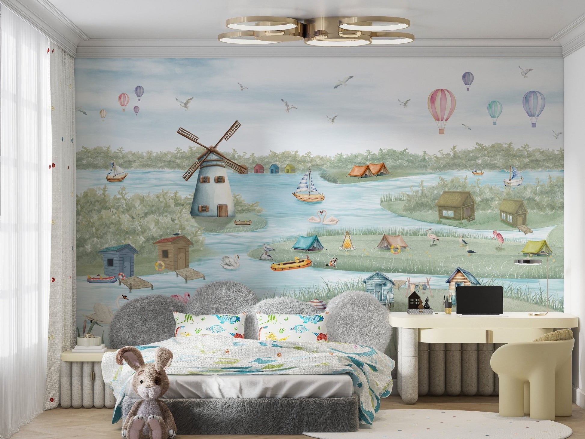 Colorful boathouse lakeside wall mural with pastel boats and windmill.