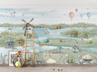 Soft color lakeside wallpaper with windmill and wooden cabins.