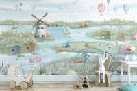 Pastel lakeside camping wallpaper mural with tents and sailboats.