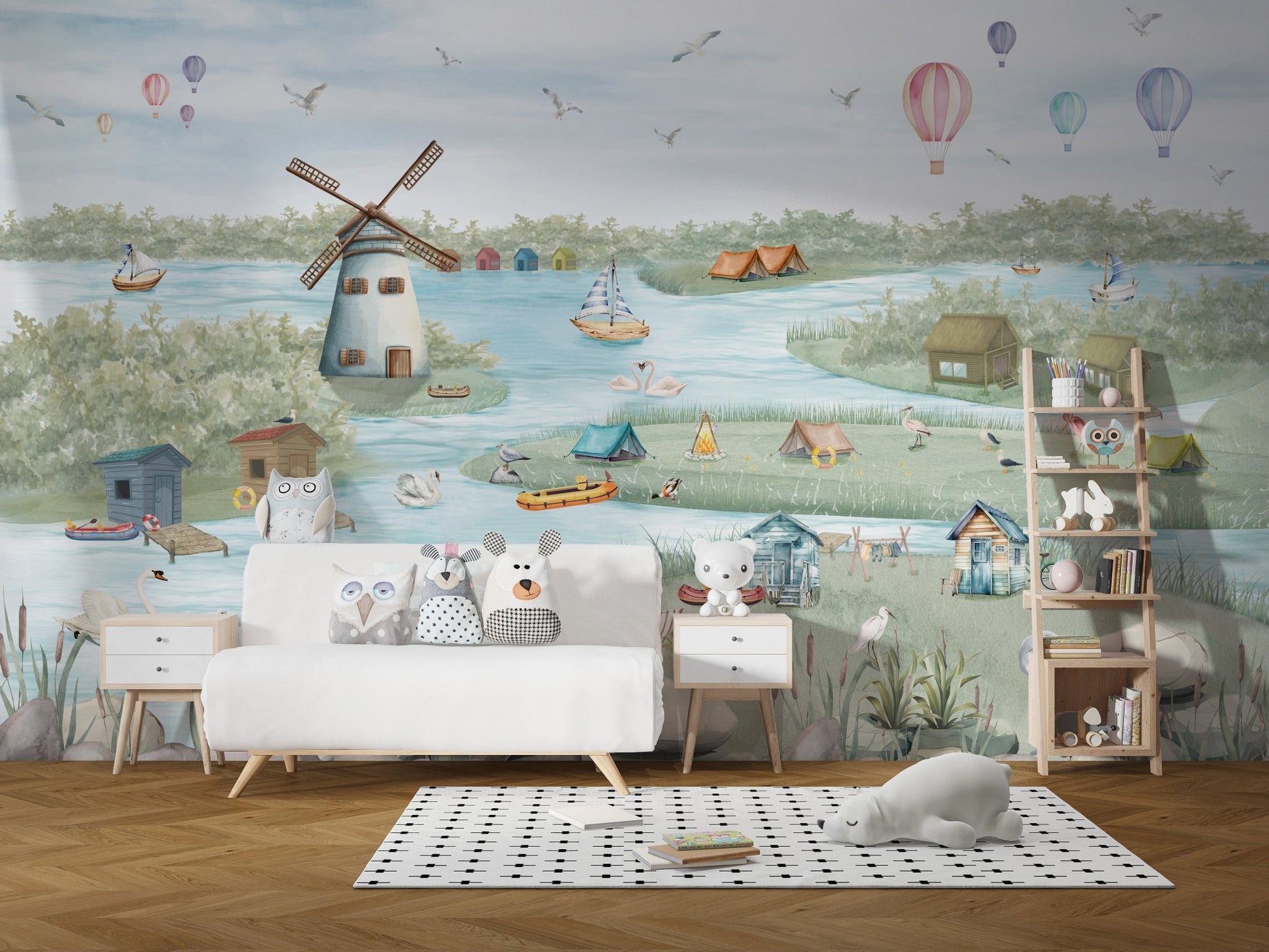 Boathouse lake scene wall mural with hot air balloons and birds.