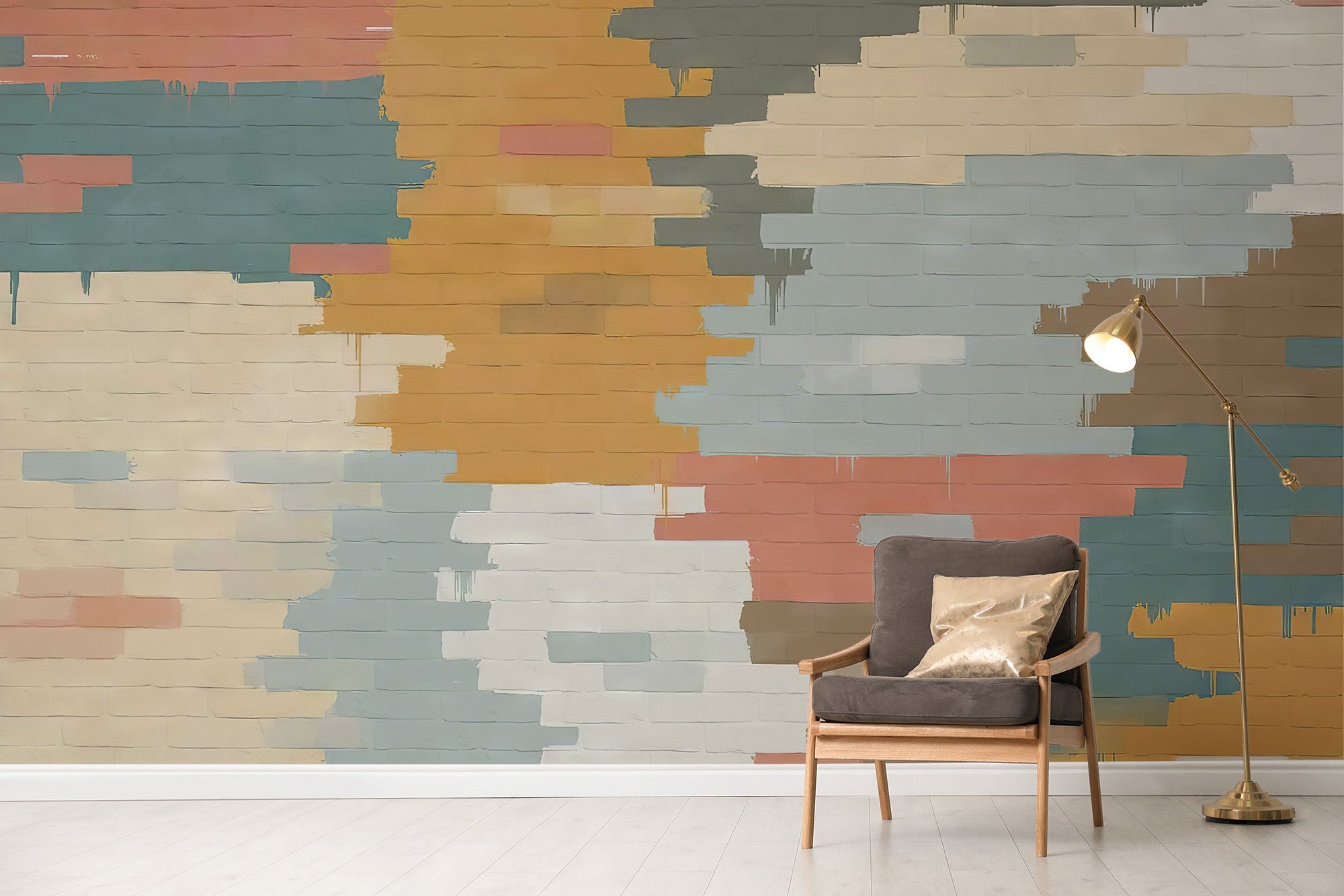 Colorful bricks wallpaper mural with painted blocks in mustard and teal.