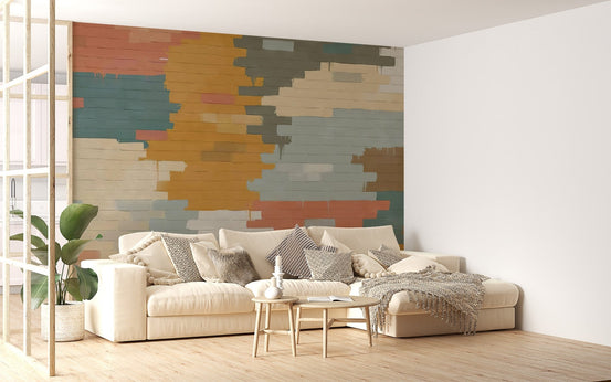 Faux brick wall mural with soft drips and layered paint textures.