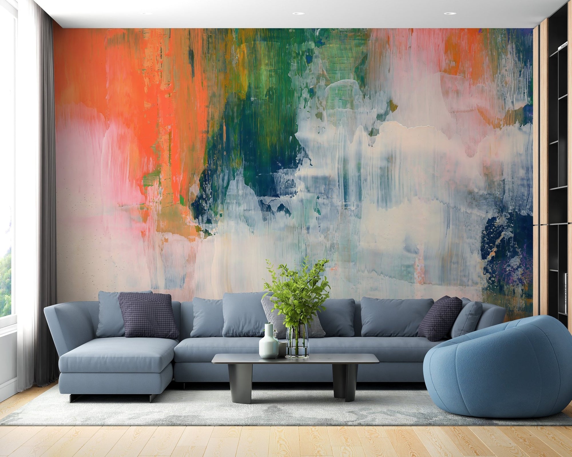 Colorful brushstroke wallpaper mural with coral and teal abstract design.