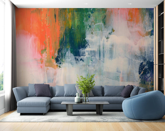 Colorful brushstroke wallpaper mural with coral and teal abstract design.
