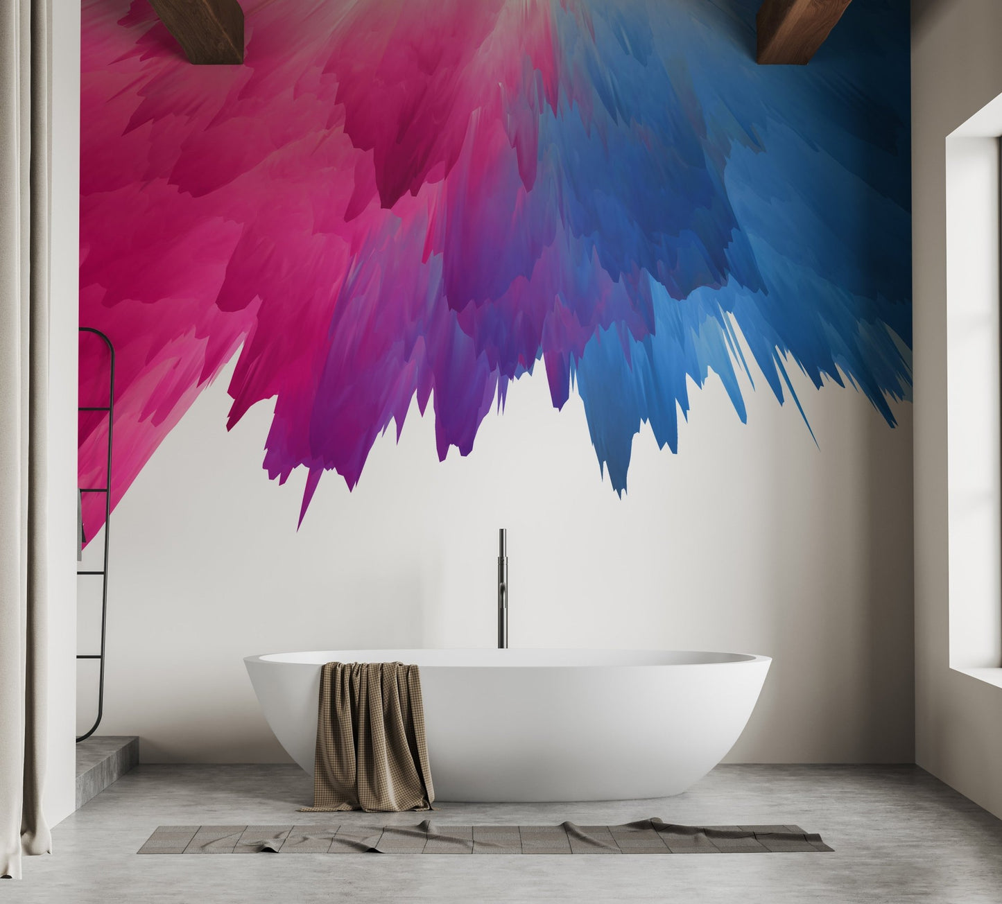 Minimalist bathroom featuring a pink and blue burst wall mural behind a tub.