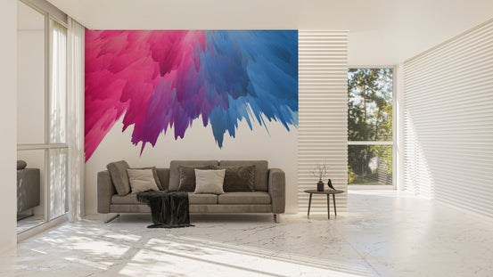 Minimalist living room featuring a pink and blue burst wall mural.