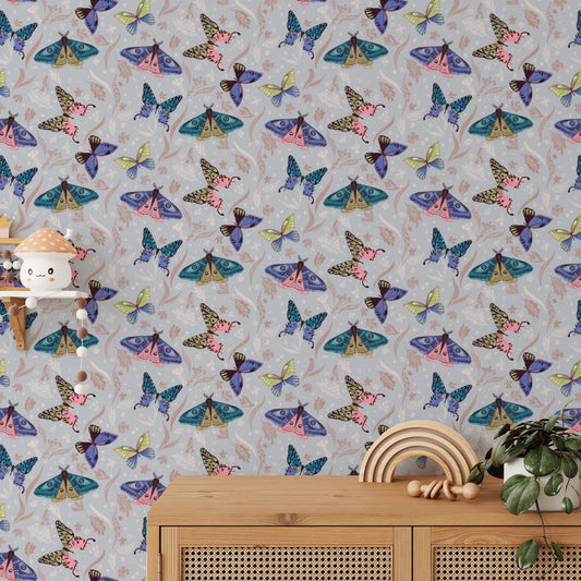 Pastel hued butterfly wallpaper with delicate botanical line art elements.