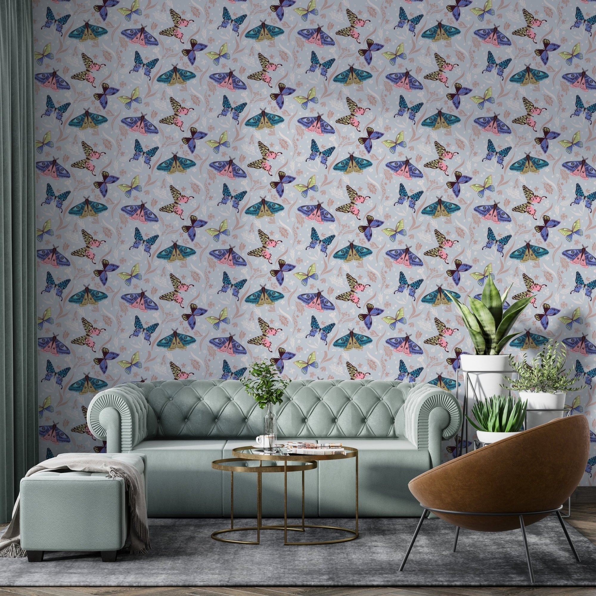 Multicolored butterfly pattern wallpaper with teal and purple winged insects.