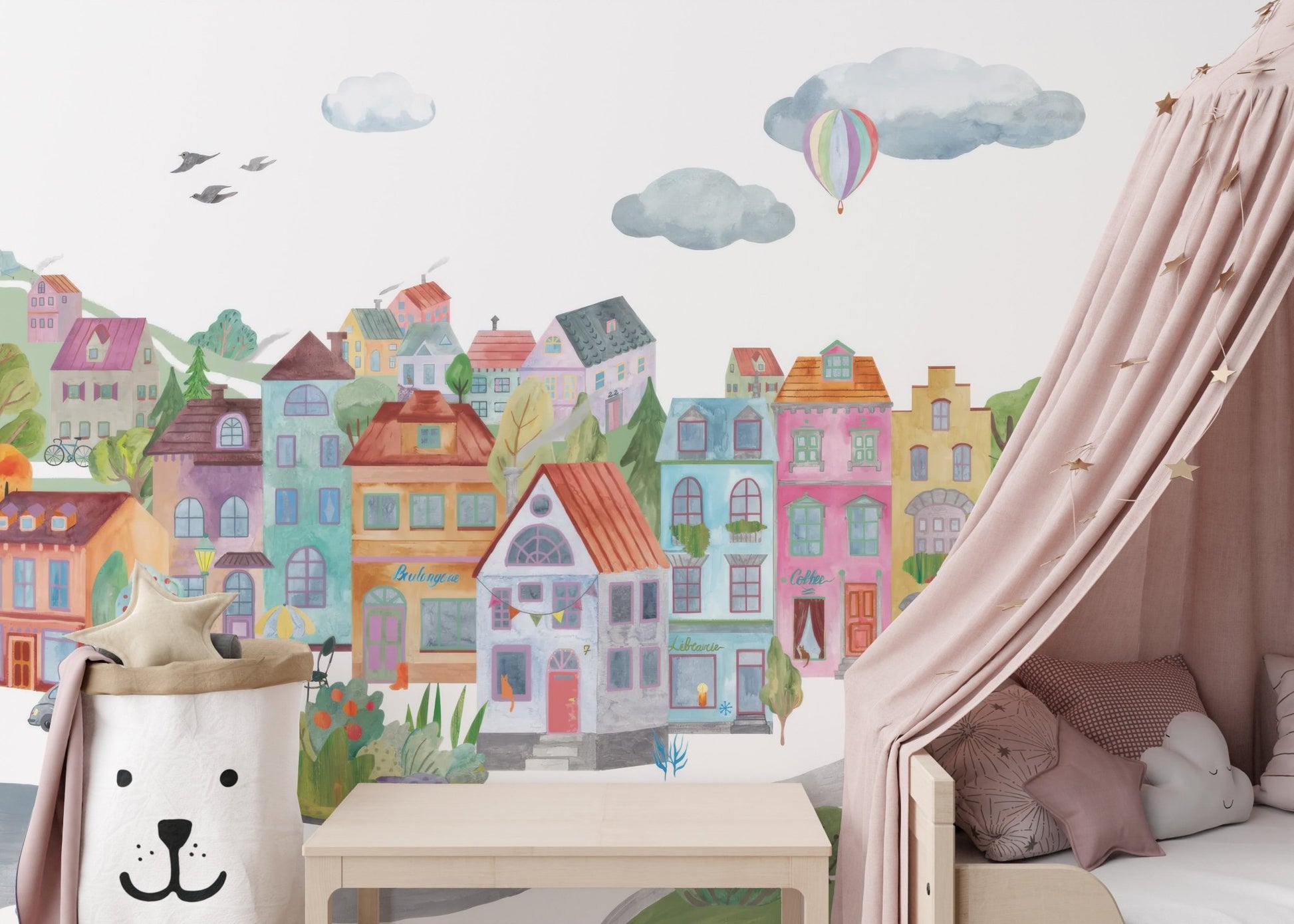 Decorative cityscape wall mural with cars and greenery.