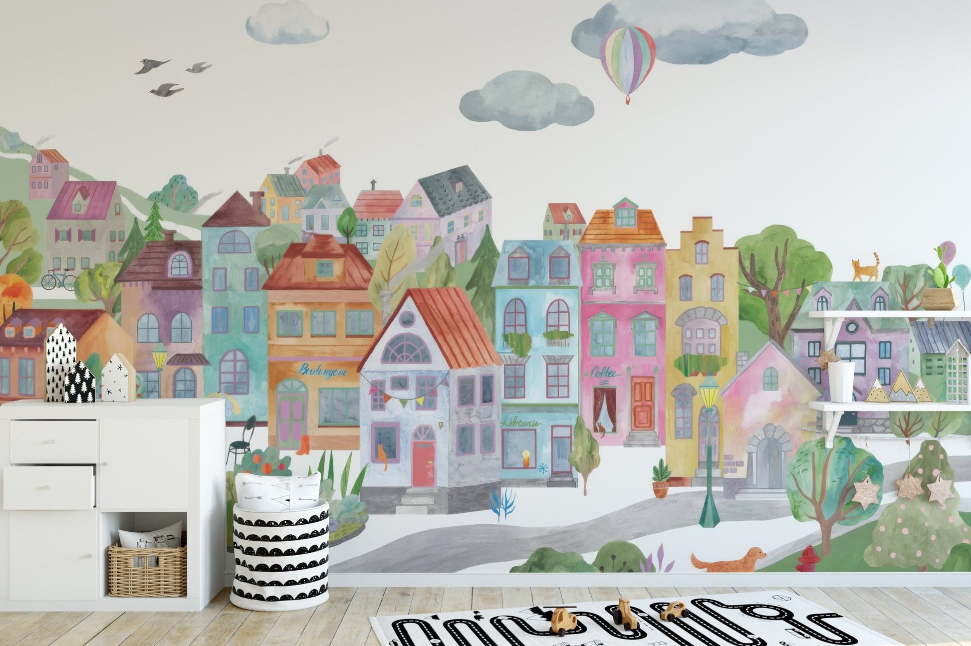 Colorful cityscape wall mural with pastel town houses wallpaper.